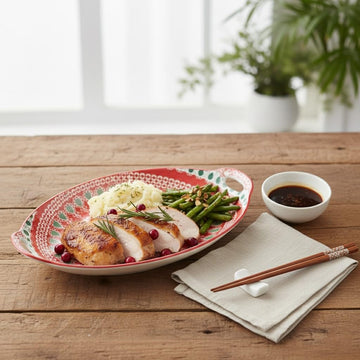 Femora Mandala Ceramic Long Dish with Handles (10.8 Inch) - Elegant Oval Serving Platter for Snacks, Appetizers, Salads, and Noodles | Microwave & Dishwasher Safe (Red & Green)