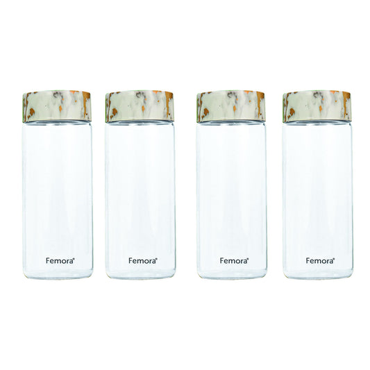 Femora Borosilicate Glass Water Bottle Durability and Elegance Combined, 500ML(4 Pc Set) (Marble Lid)