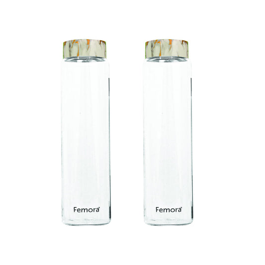 Femora Borosilicate Glass Water Bottle Durability and Elegance Combined, 750ML(2 Pc Set) (Marble Lid)
