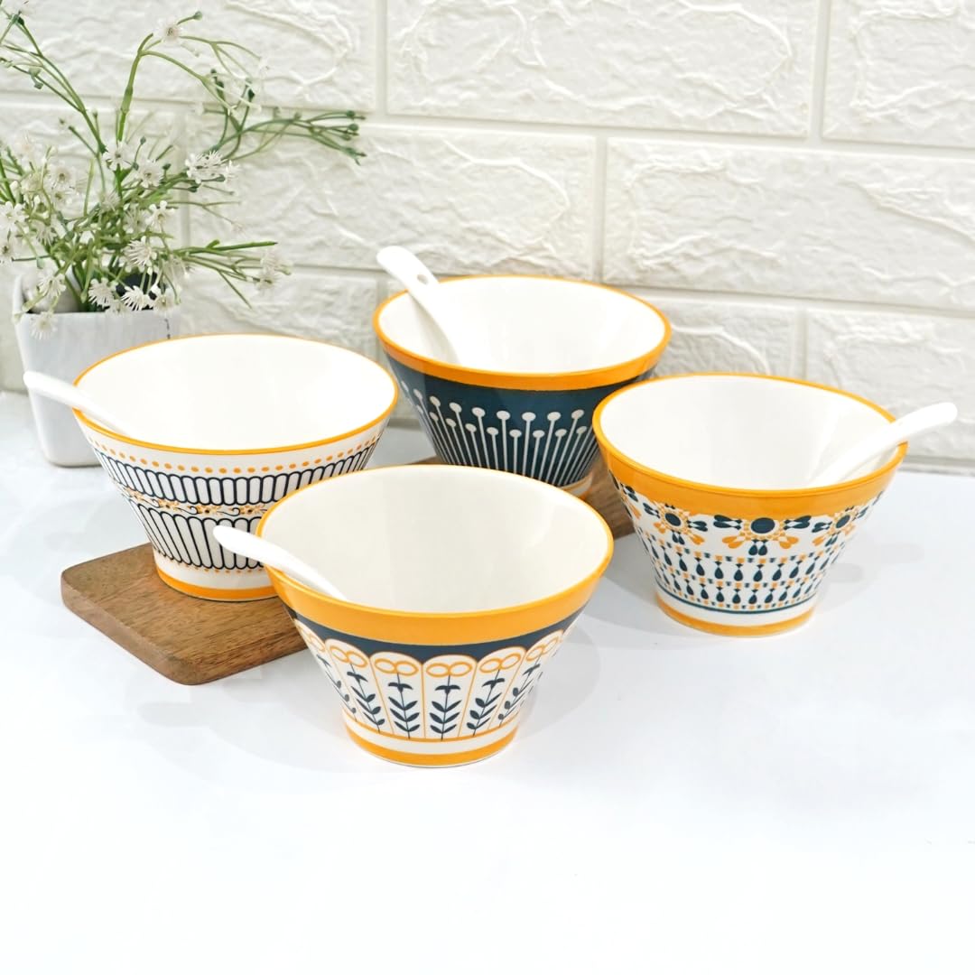 Femora Ceramic Ramen Bowls Set of 4 | Microwave & Dishwasher Safe Snack Bowl | Ideal for Serving Noodles, Ramen, Maggi, Soups or Curries (Bowls - 4,Spoon - 4 425ml Each)- Aloha Design