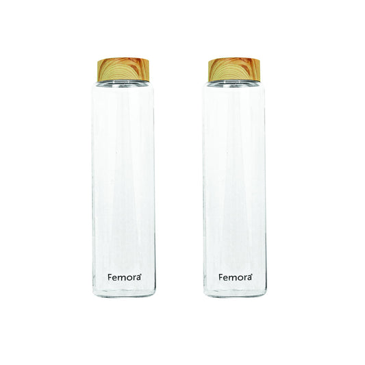 Borosilicate Glass Water Bottle With Wooden Lid, 750 ML, 2 Pcs, Femora