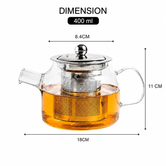 Femora Glass Tea Pot with Infuser 400 ml, Borosilicate Tea Kettle, Flame Proof Glass Teapot for Gas Stove, Stainless Steel Tea Strainer
