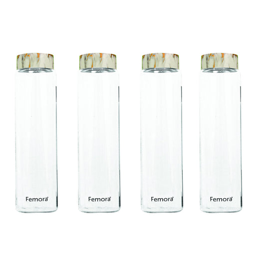 Femora Borosilicate Glass Water Bottle Durability and Elegance Combined, 750ML(4 Pc Set) (Marble Lid)