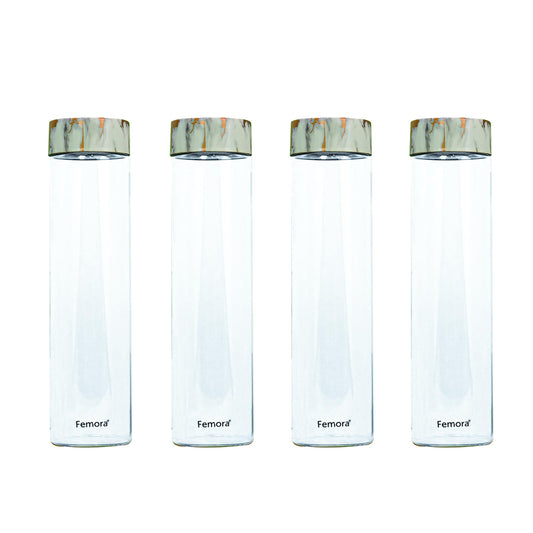 Femora Borosilicate Glass Water Bottle Durability and Elegance Combined, 1000ML(4 Pc Set) (Marble Lid)