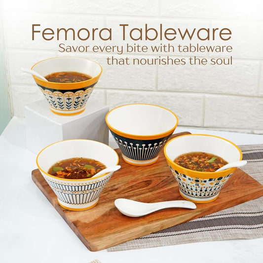 Femora Ceramic Ramen Bowls Set of 4 | Microwave & Dishwasher Safe Snack Bowl | Ideal for Serving Noodles, Ramen, Maggi, Soups or Curries (Bowls - 4,Spoon - 4 425ml Each)- Aloha Design