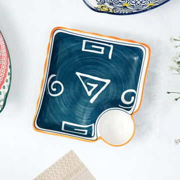 Femora Ceramic Chip and Dip Snack Plate with Dip Section | Microwave & Dishwasher Safe Starter Plates | Perfect for Fries, Momos, Sushi, Kebab (White & Blue)