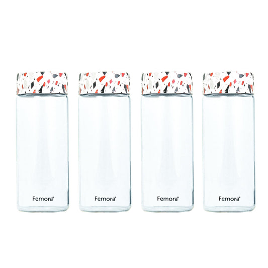 Femora Borosilicate Glass Water Bottle Durability and Elegance Combined, 500ML(4 Pc Set) (Dot Marble)