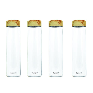 Borosilicate Glass Water Bottle With Wooden Lid, 1000 ML, 4 Pcs, Femora