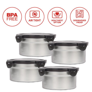 Femora Lunch Box High Steel Round Heavy Duty Airtight Leakproof Unbreakable Storage Container with Lock Lid Lunch Box for Office-College-School, Lunch Box - 850 ml / 28 Oz, Set of 4