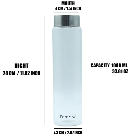 Borosilicate Glass Water Bottle With Steel Lid, 1000 ML, 4 Pcs, Femora