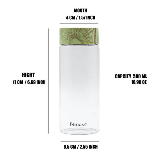 Borosilicate Glass Water Bottle With Wooden Lid, 500 ML, 4 Pcs, Femora
