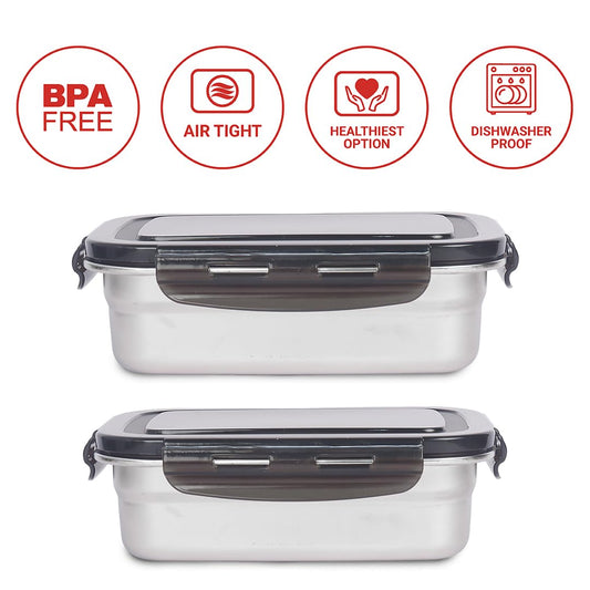 Femora Lunch Box High Steel Rectangle Heavy Duty Airtight Leakproof Unbreakable Storage Container with Lock Lid Lunch Box for Office College-School, Lunch Box - 1300 ml/ 44 Oz, 1600 ml/ 54 Oz, Set of 2