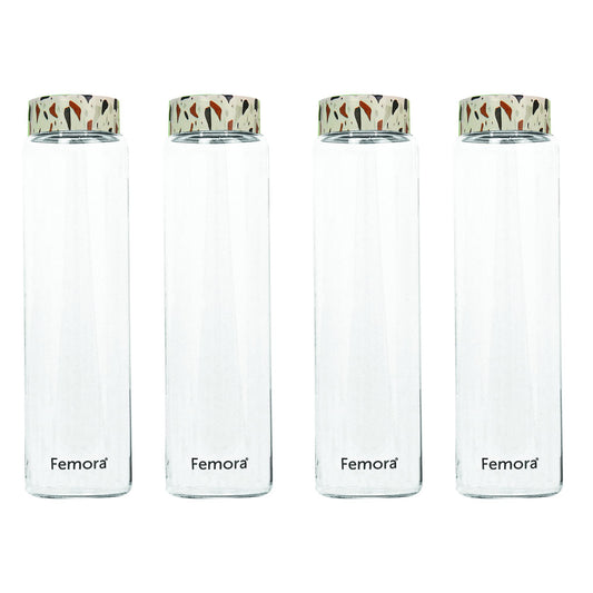 Femora Borosilicate Glass Water Bottle Durability and Elegance Combined, 750ML(4 Pc Set) (Dot Marble)