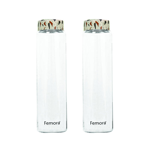 Femora Borosilicate Glass Water Bottle Durability and Elegance Combined, 750ML(2 Pc Set) (Dot Marble)