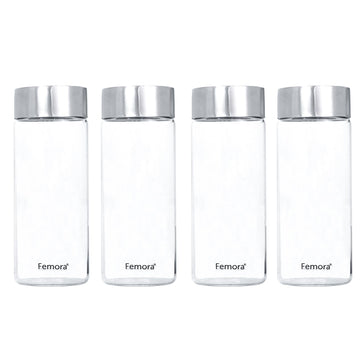 Borosilicate Glass Water Bottle With Stainless Steel Lid, 500 ML, 4 Pcs, Femora