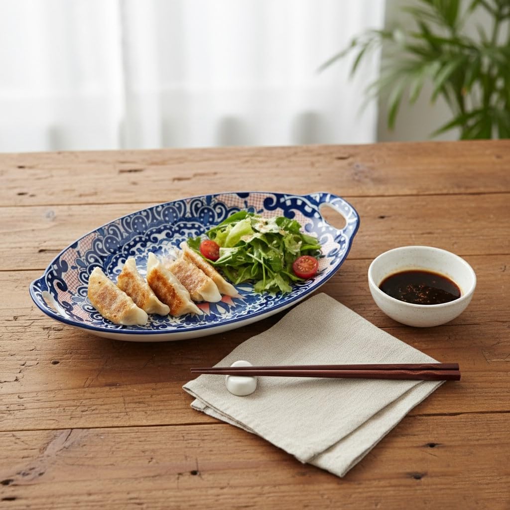 Femora Ceramic Serving Platter with Handles | Blue Mandala Print Microwave & Dishwasher Safe Serveware | Ideal for Gifting, Serving Snacks, Appetizers, Salads, Starters & Noodles