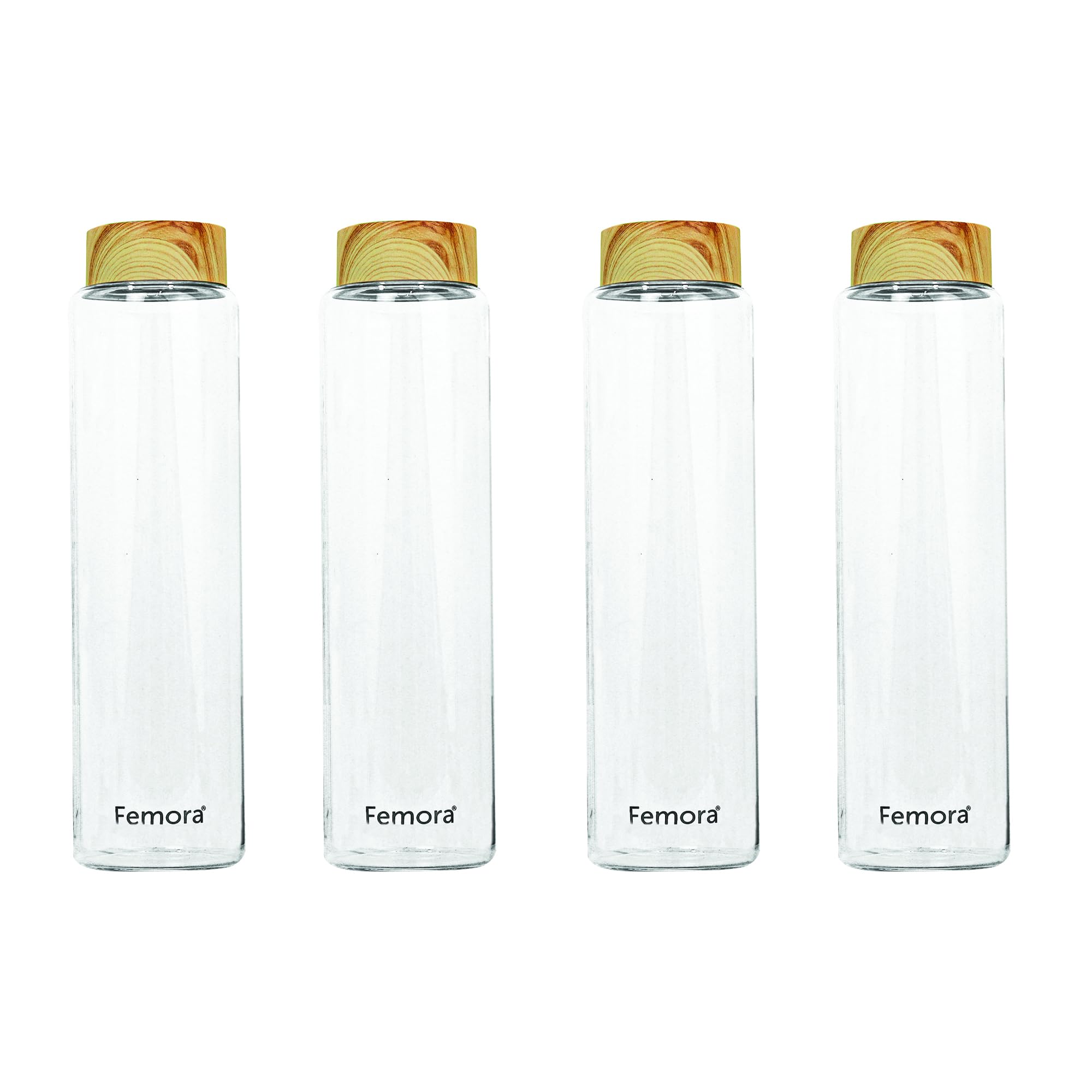 Borosilicate Glass Water Bottle With Wooden Lid, 750 ML, 4 Pcs, Femora