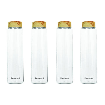 Borosilicate Glass Water Bottle With Wooden Lid, 750 ML, 4 Pcs, Femora