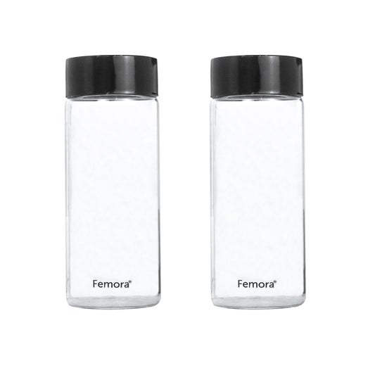 Femora Borosilicate Glass Water Bottle Durability and Elegance Combined, 500ML(2 Pc Set) (Black Lid)
