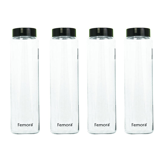 Femora Borosilicate Glass Water Bottle Durability and Elegance Combined, 750ML(4 Pc Set) (Black Lid)