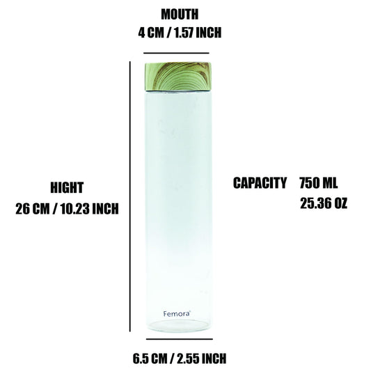 Borosilicate Glass Water Bottle With Wooden Lid, 750 ML, 4 Pcs, Femora
