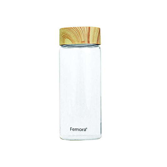 Borosilicate Glass Water Bottle With Wooden Lid, 500 ML, 1 Pcs, Femora