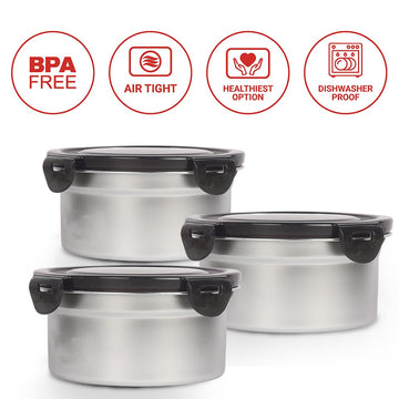 Femora Lunch Box High Steel Round Heavy Duty Airtight Leakproof Unbreakable Storage Container with Lock Lid Lunch Box for Office-College-School, Lunch Box - 850 ml / 28 Oz, Set of 3