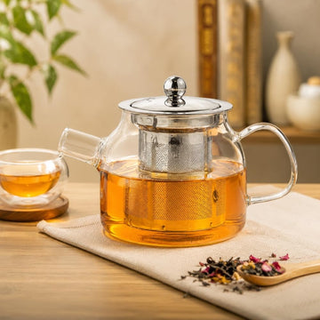 Femora Glass Tea Pot with Infuser 400 ml, Borosilicate Tea Kettle, Flame Proof Glass Teapot for Gas Stove, Stainless Steel Tea Strainer