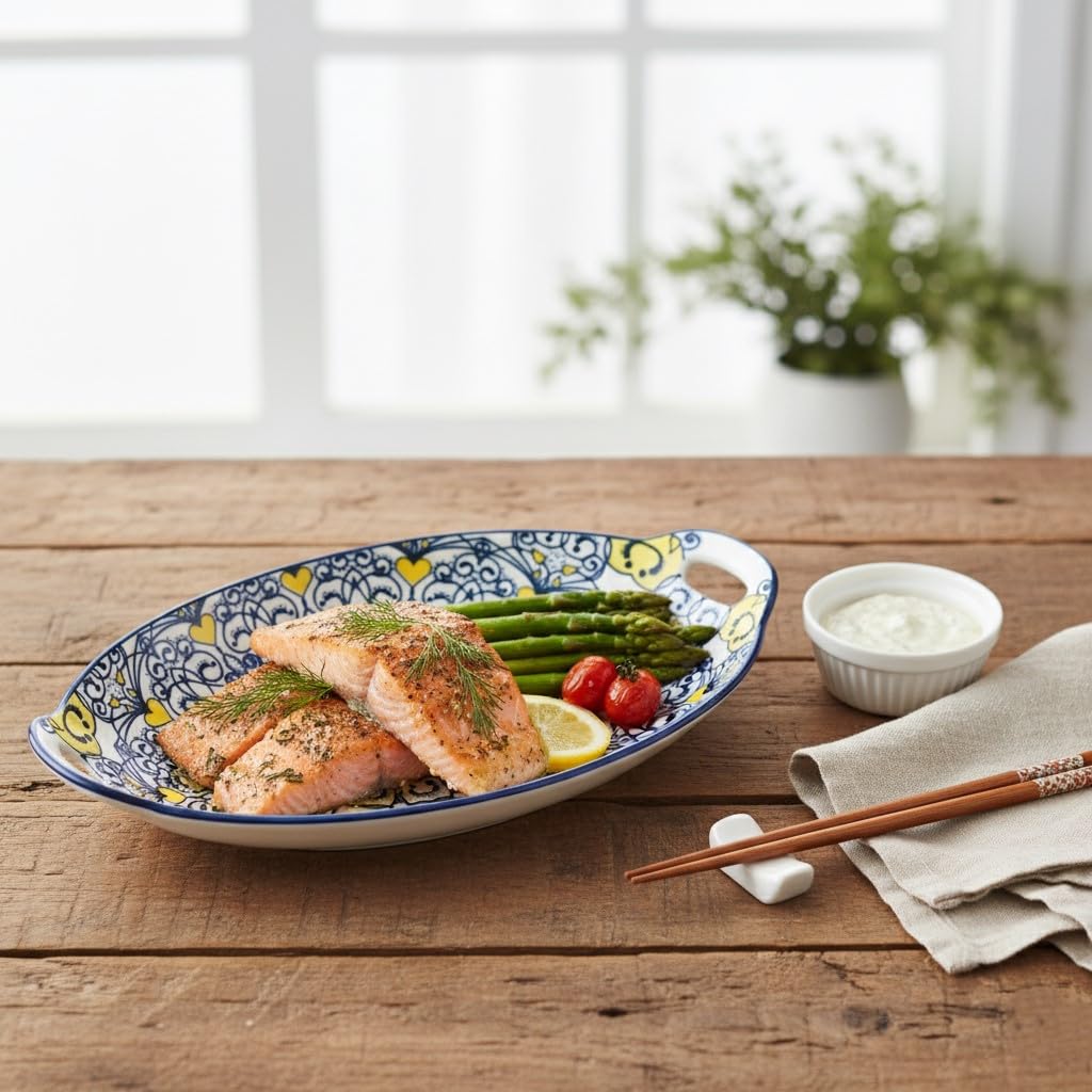 Femora Dark Blue Mandala Ceramic Long Dish with Handles for Serving Snacks, Appetizers, Salads, and Noodles| Microwave Safe, Dishwasher Safe