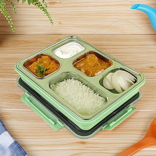 Stainless Steel Lunch Box Thali Set With Bag, Femora, 1 Pcs, Green