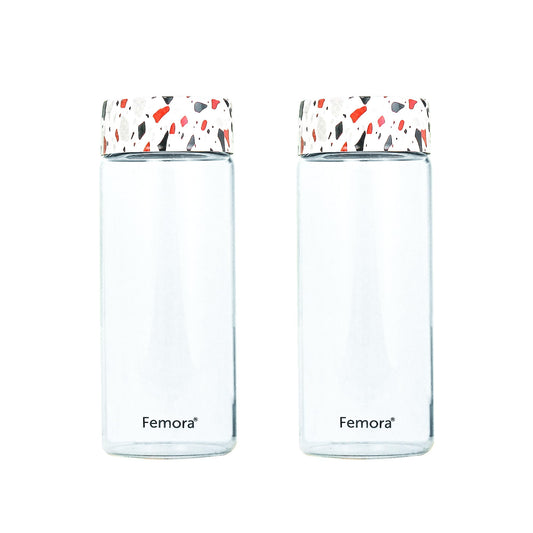 Femora Borosilicate Glass Water Bottle Durability and Elegance Combined, 500ML(2 Pc Set) (Dot Marble)