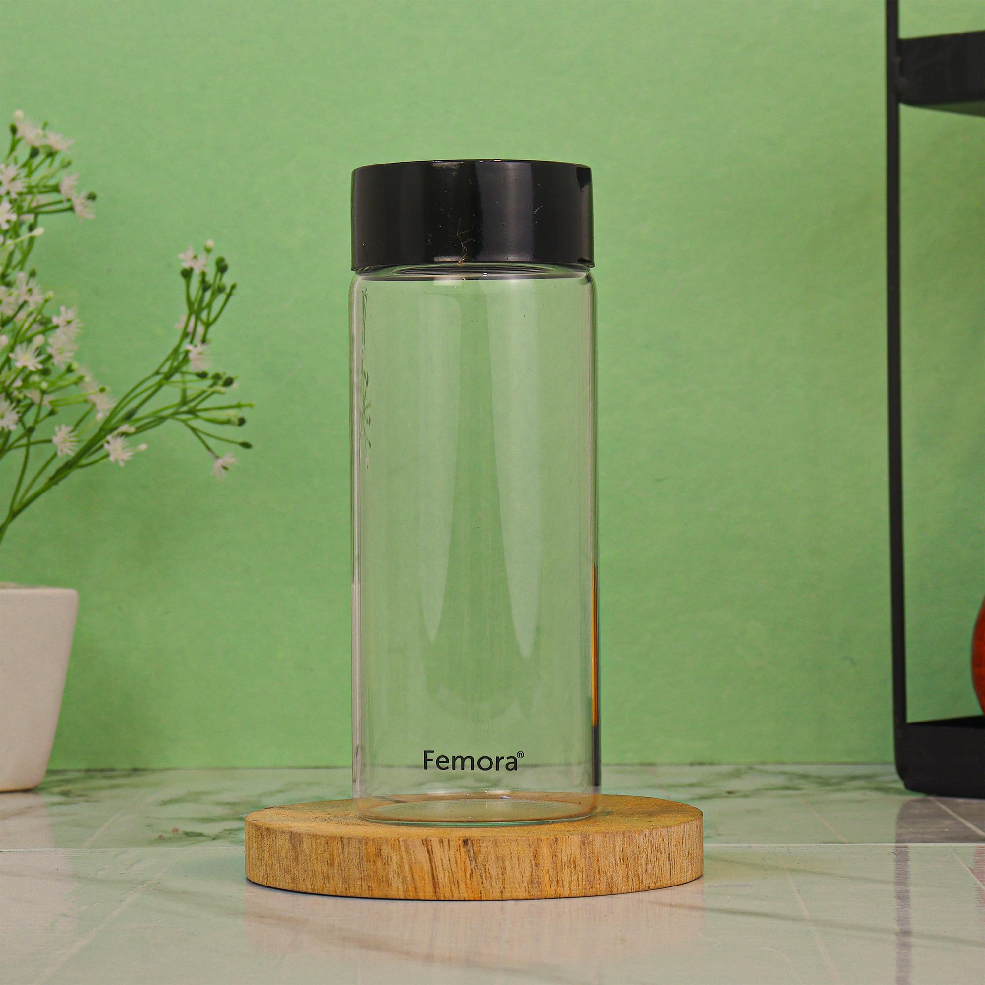 Femora Borosilicate Glass Water Bottle Durability and Elegance Combined, 500ML(1 Pc Set) (Black Lid)