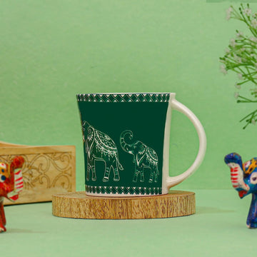 Femora Dancing Elephant Pattern Tea Cups, Ceramic Tea Cups, Coffee Mugs (160 ml) - 6 Pcs Set (Green)