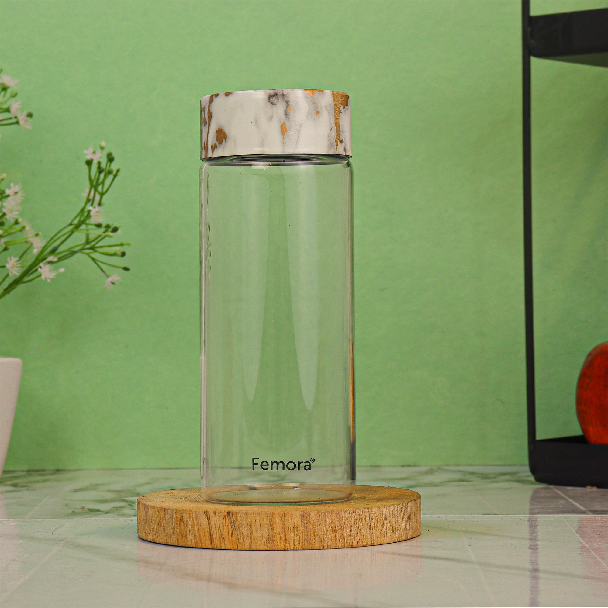 Femora Borosilicate Glass Water Bottle Durability and Elegance Combined, 500ML(2 Pc Set) (Marble Lid)