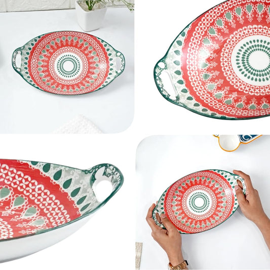 Femora Mandala Ceramic Long Dish with Handles (10.8 Inch) - Elegant Oval Serving Platter for Snacks, Appetizers, Salads, and Noodles | Microwave & Dishwasher Safe (Red & Green)