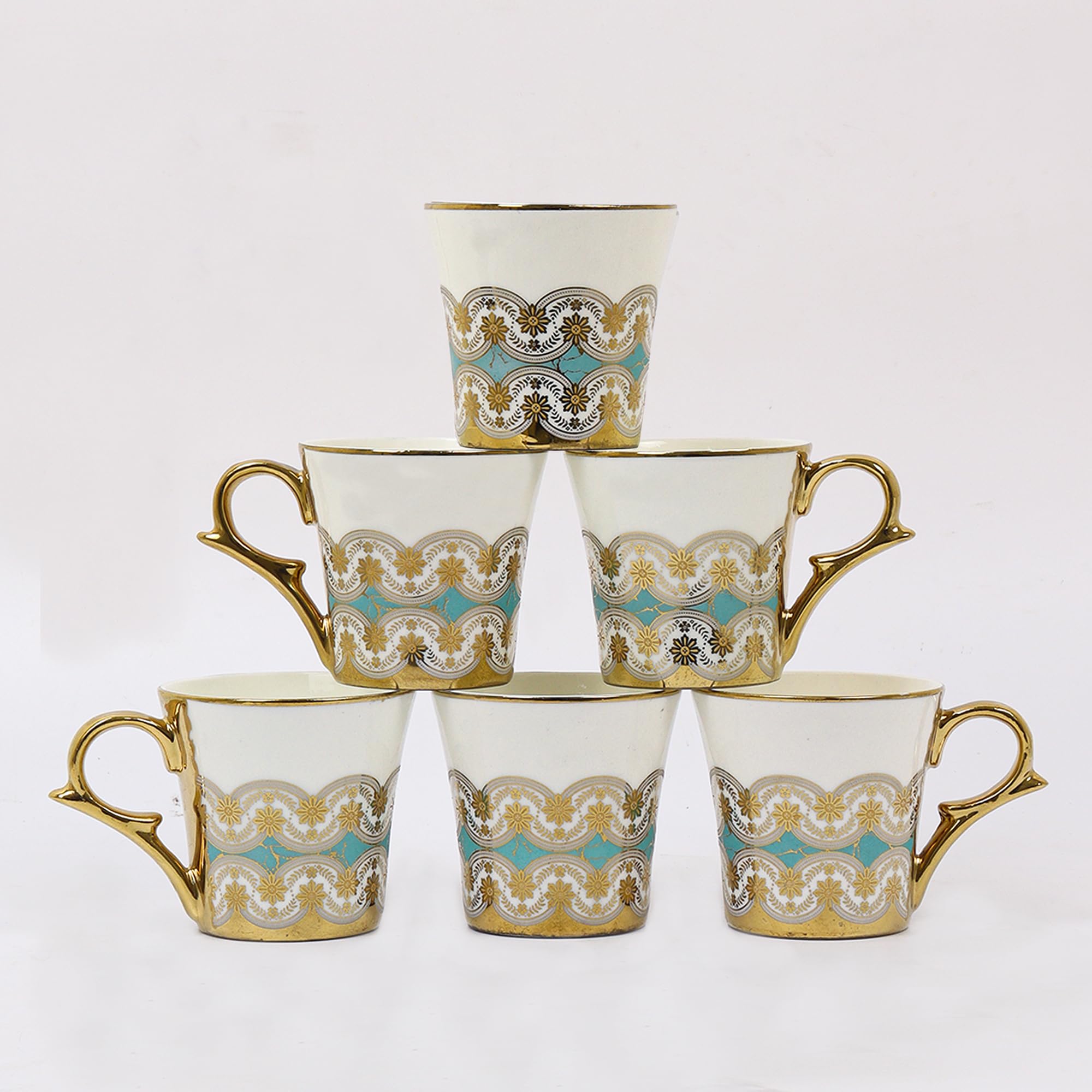 Golden Royal Turquoise Pattern Tea Mugs, Ceramic Tea Cups, Coffee Mugs (180 ml, Golden) - 6 Pcs Set (NOT Microwave Safe)