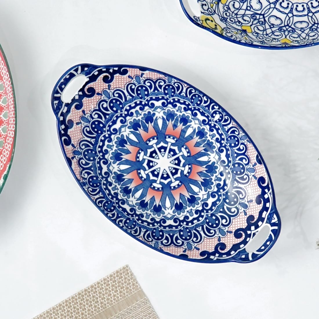 Femora Ceramic Serving Platter with Handles | Blue Mandala Print Microwave & Dishwasher Safe Serveware | Ideal for Gifting, Serving Snacks, Appetizers, Salads, Starters & Noodles