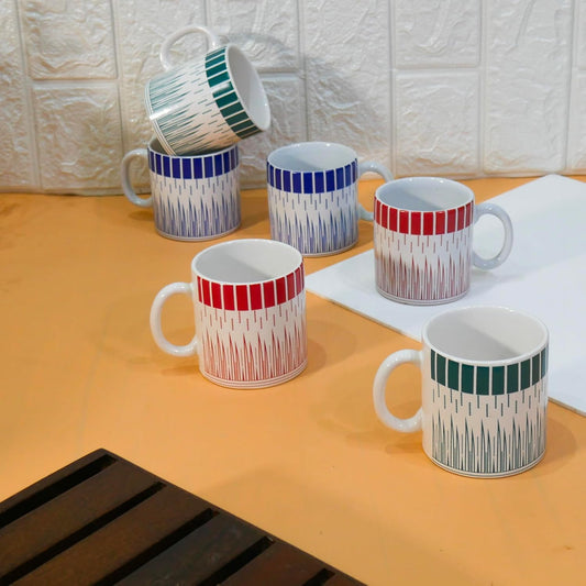 Handcrafted Linear Design Ceramic Coffee & Tea Cup 180 ML, Set of 6, Multicolor