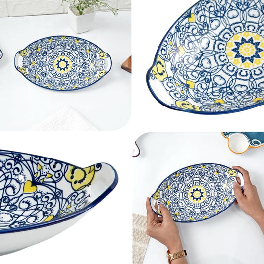 Femora Dark Blue Mandala Ceramic Long Dish with Handles for Serving Snacks, Appetizers, Salads, and Noodles| Microwave Safe, Dishwasher Safe