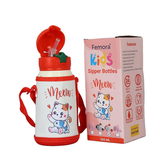 Kids Kitten Water Bottle Hot & Cold Thermosteel Water Bottle for Kids Double Walled Vacuum Insulated Stainless Steel Bottle with Bag (550 Ml) (Red)