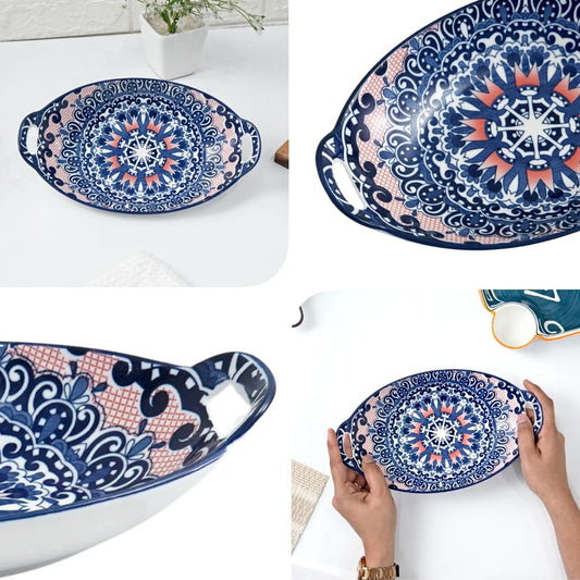 Femora Ceramic Serving Platter with Handles | Blue Mandala Print Microwave & Dishwasher Safe Serveware | Ideal for Gifting, Serving Snacks, Appetizers, Salads, Starters & Noodles