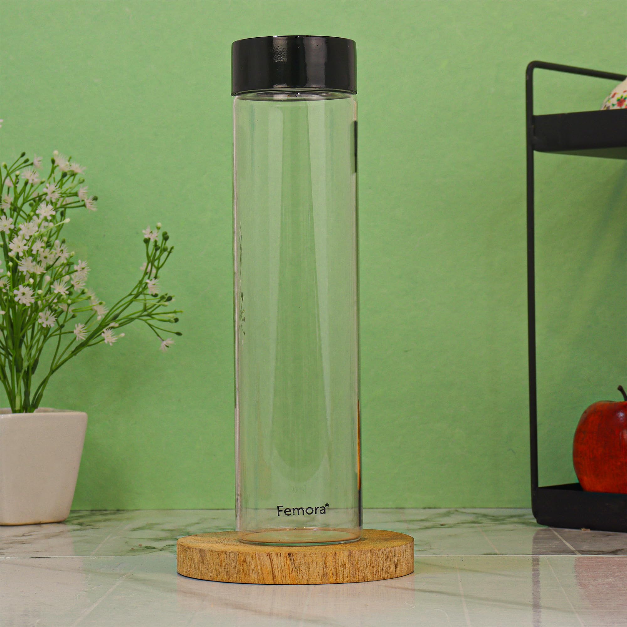 Femora Borosilicate Glass Water Bottle Durability and Elegance Combined, 1000ML(4 Pc Set) (Black Lid)