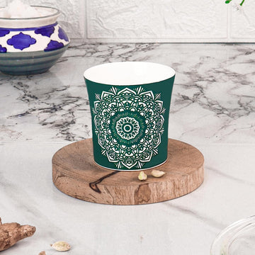 Femora Abstract Lotus Pattern Tea Cups, Ceramic Tea Cups, Coffee Mugs (160 ml) - 6 Pcs Set (Green)