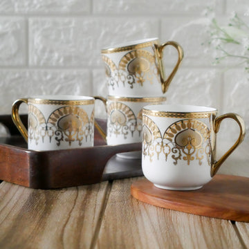 Femora Premium Ceramic Gold Emerald Motif Design Coffee & Tea Cup Set of 4, 180 ML, (NOT Microwave Safe)