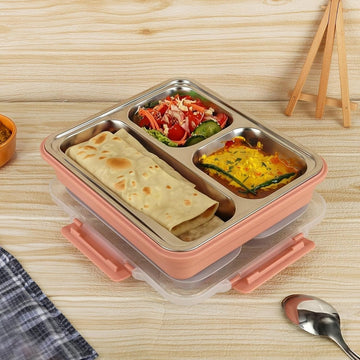 Femora High Steel Container Rectangle Lunch Box for Office-College-School - (Not Leakproof) (3 Pots) - Pink