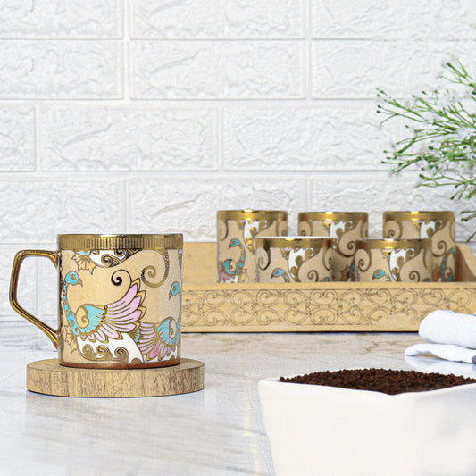 Premium Ceramic Dancing Peahens Gold Coffee & Tea Cup Set of 6, 160 ML, Femora