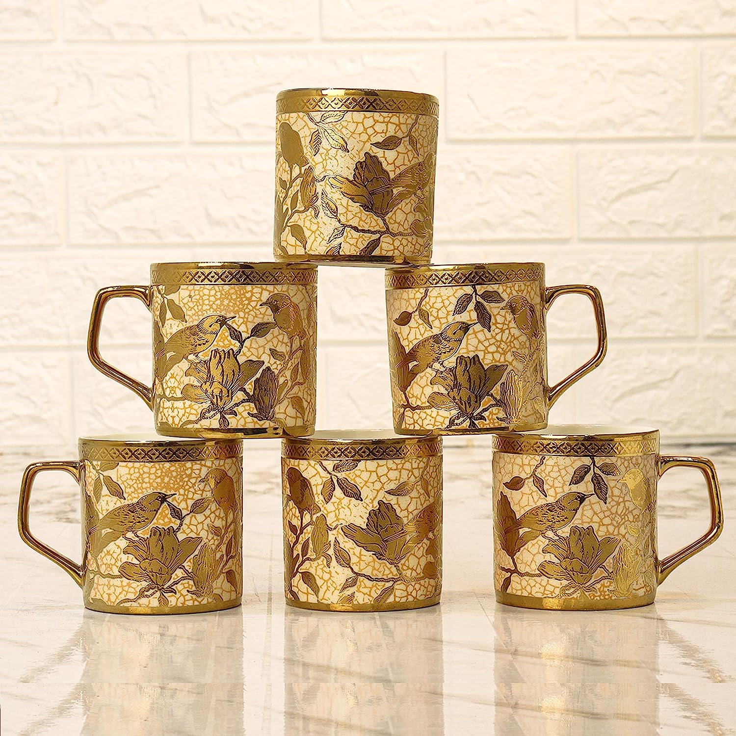 Premium Ceramic Weaver Love Gold Coffee & Tea Cup Set of 6, 180 ML, Femora