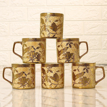 Ceramic Weaver Love Gold Tea Mugs, Ceramic Tea Cups, Coffee Mugs (180 ml, Golden) - 6 Pcs Set