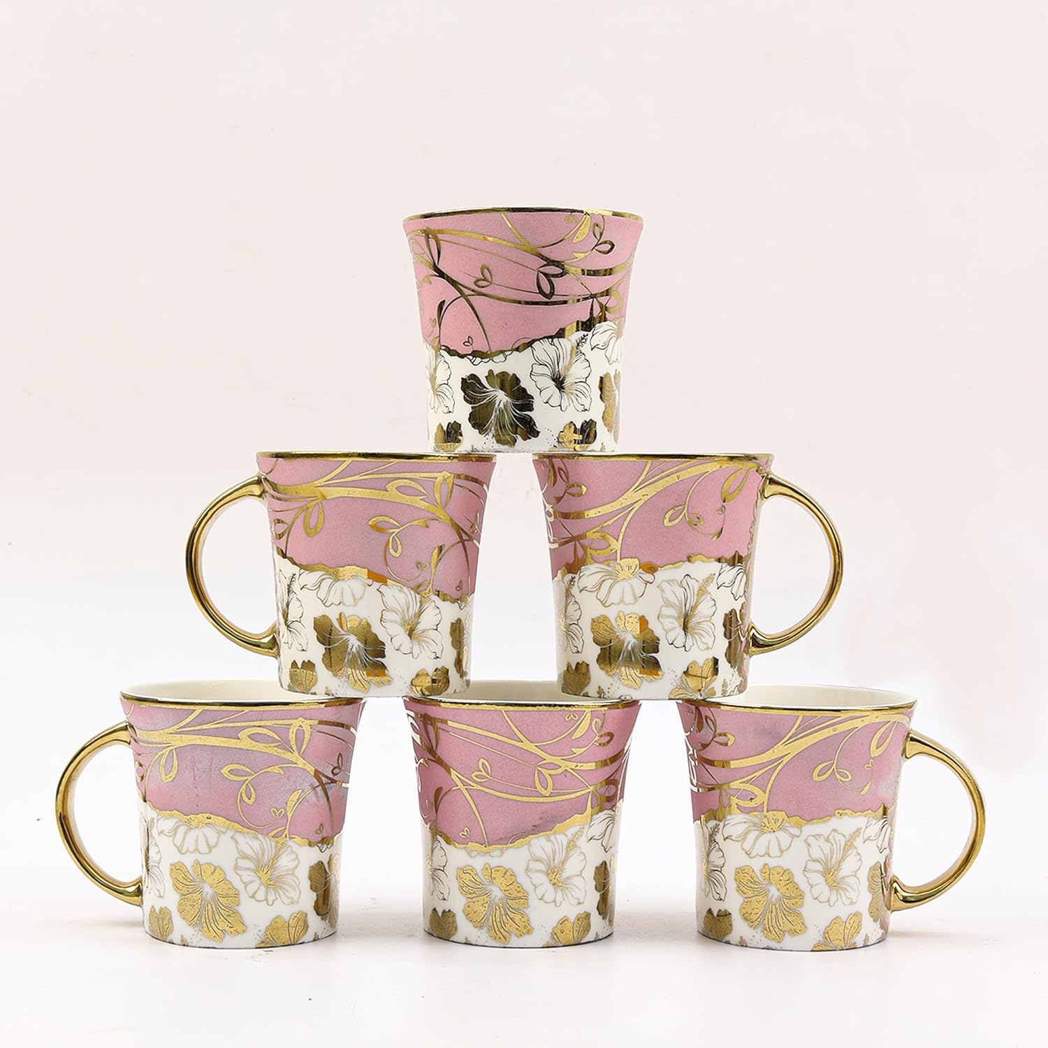 Pink Gold Line Flowers Tea Mugs, Ceramic Tea Cups, Coffee Mugs (180 ml, Golden) - 6 Pcs Set (NOT Microwave Safe)
