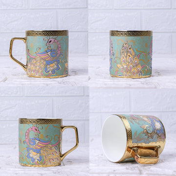 Femora Ceramic Peacock Heaven Green Tea Mugs, Ceramic Tea Cups, Coffee Mugs (180 ml, Golden) - 6 Pcs Set